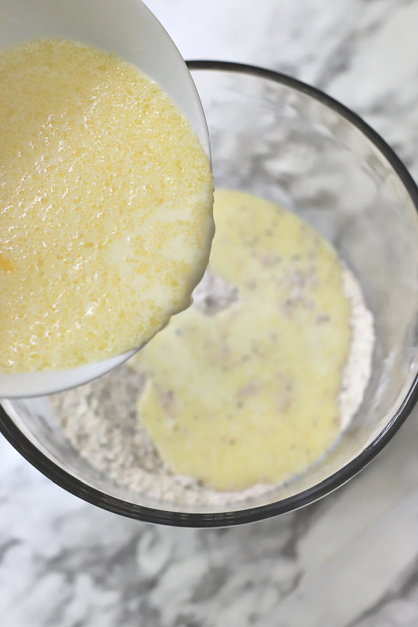 Mixing dry and wet ingredients for muffins