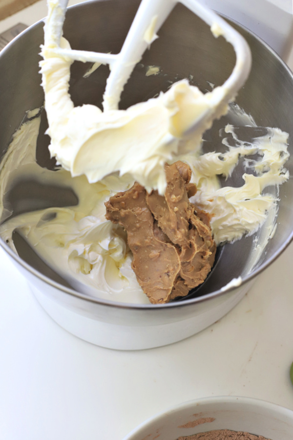 creaming the butter and brown sugar for chocolate peanut butter cookies