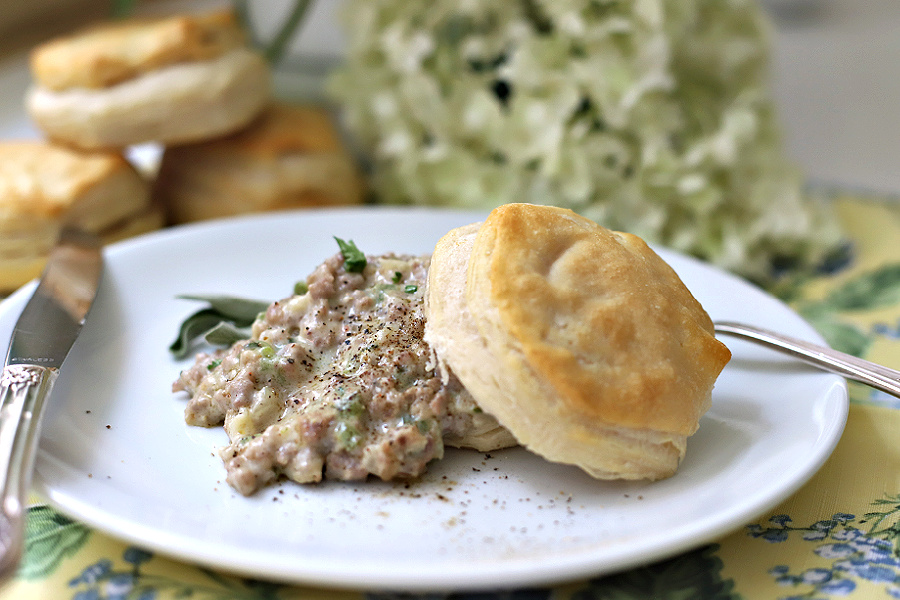 Country sausage gravy and biscuits with sage.