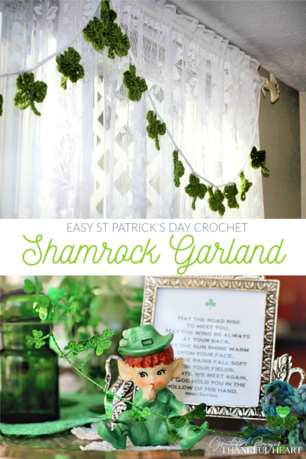 Make a quick and easy St Patrick's Day decoration. A crochet shamrock garland is so cute hung on a window, mantle or frame in Irish green.