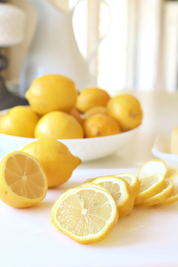 Slicing the lemons for one pan lemon shrimp recipe