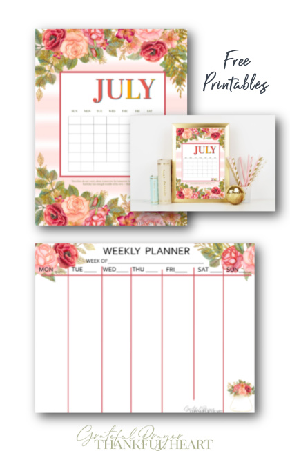 FREE July Calendar and weekly planner printables to keep you organized this summer. Pretty rose blossoms help welcome the month of July. A 2021 and blank version to use year after year. 