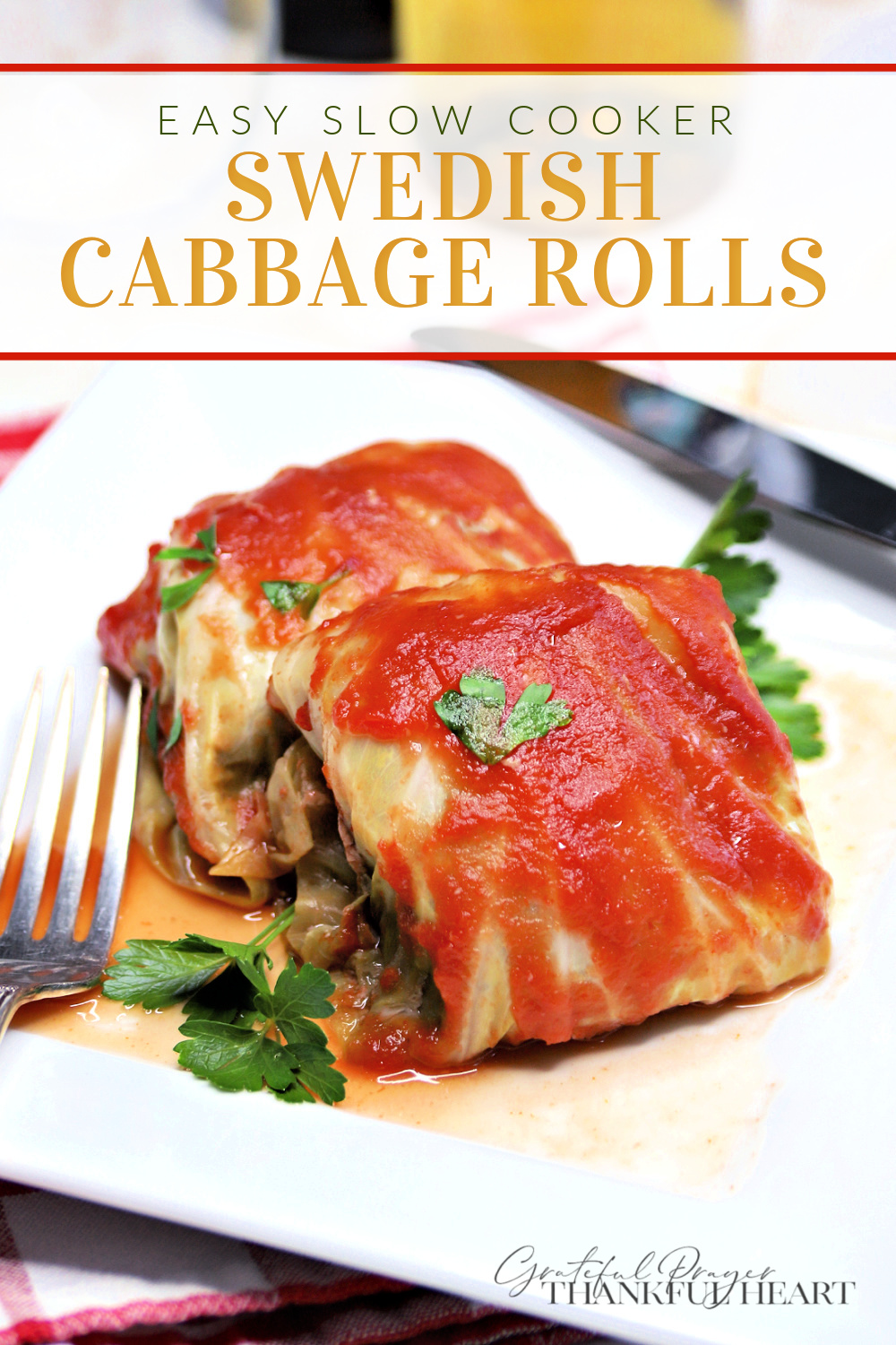 Easy slow cooker recipe for Swedish cabbage rolls filled with ground beef and rice in a tasty sauce is a comforting and satisfying Sunday dinner and on those busy days when a crockpot meal is helpful .