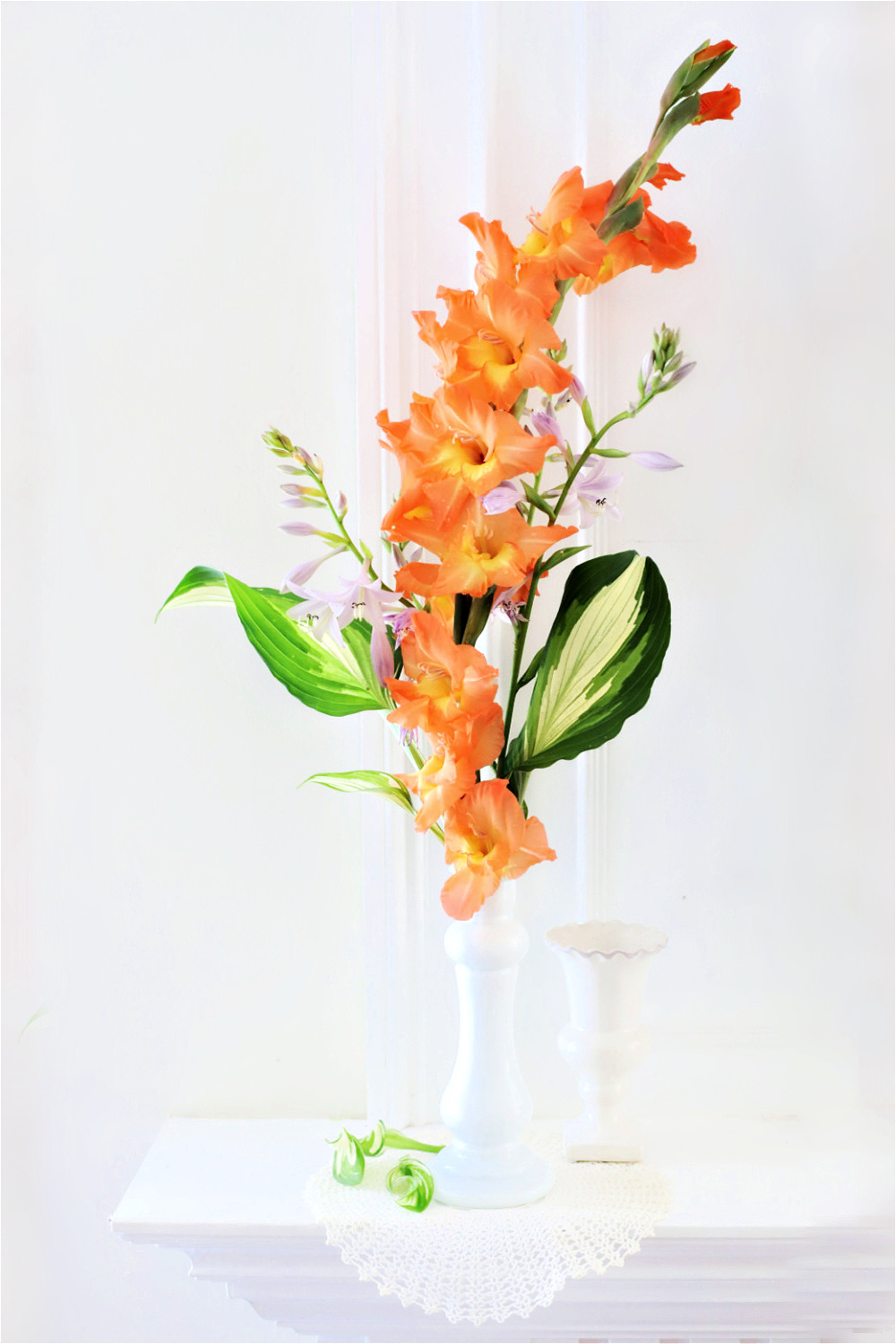 Orange gladiolus stem broken during a storm and gathered after the rain