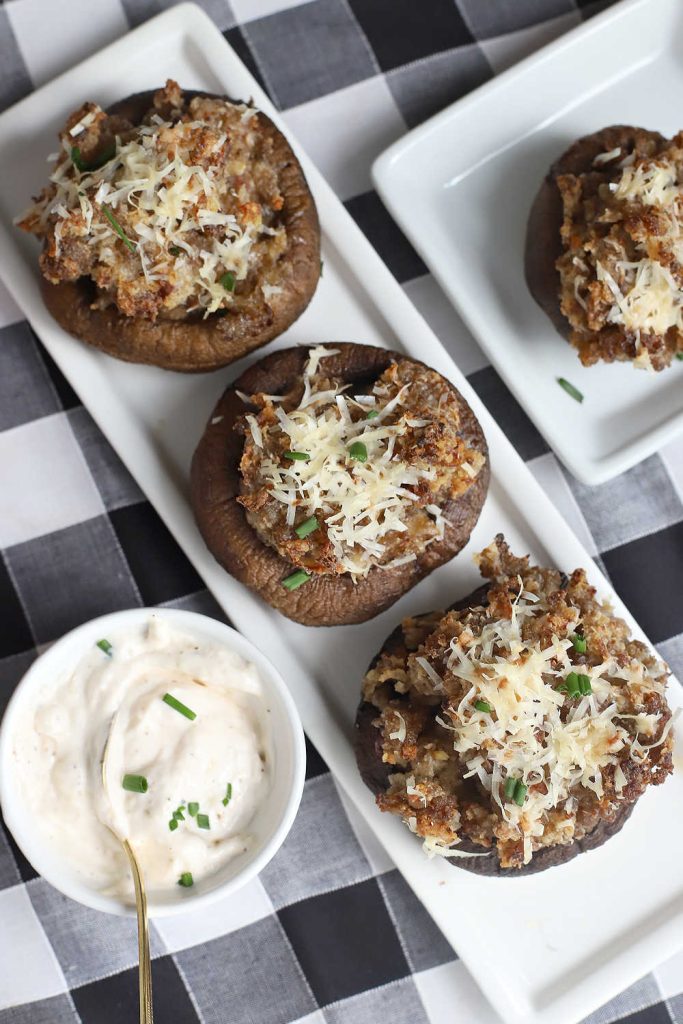 Sausage stuffed mushrooms with horseradish dipping sauce