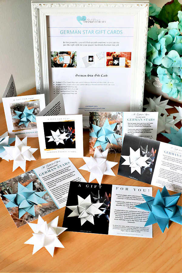 Folded paper German stars make fantastic, unique gifts. A thoughtful, one-of-a-kind handmade ornament from your hands and heart. Include a lovely German Star gift card to complete your package.