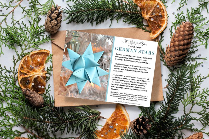 Folded paper stars make fantastic, unique gifts. Thoughtful handmade ornament from your hands & heart with a lovely German Star gift card.