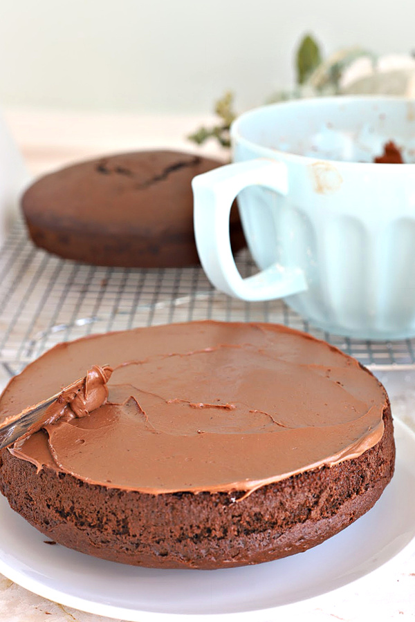 Spreading fluffy chocolate frosting recipe on chocolate mocha cake.