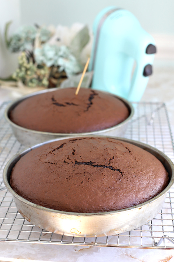 Testing with a toothpick to see if chocolate mocha cake is baked and done.