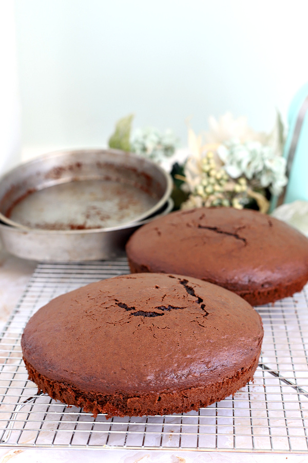 Removing chocolate mocha cake from baking pans.