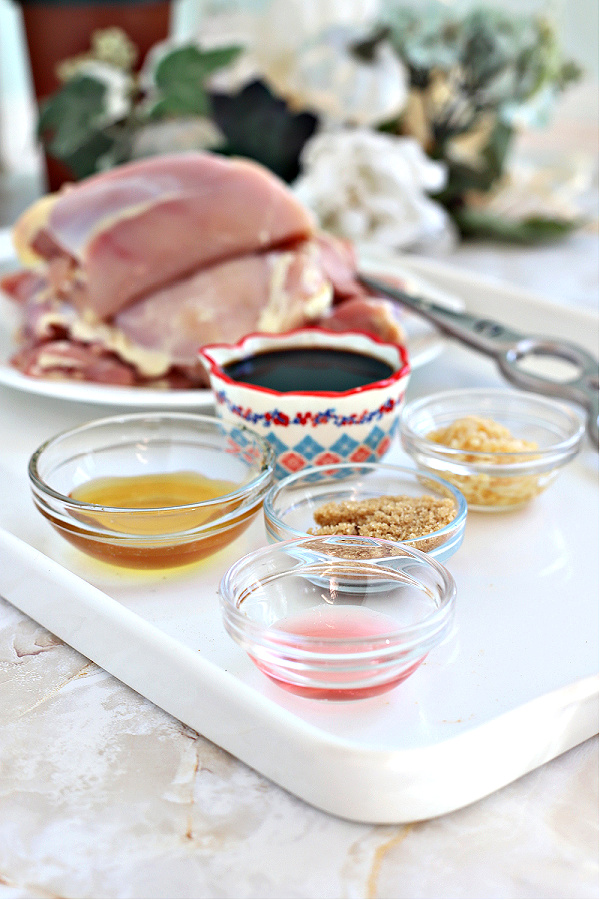 Ingredients for easy skinless, boneless chicken thighs made in the air fryer. Asian 