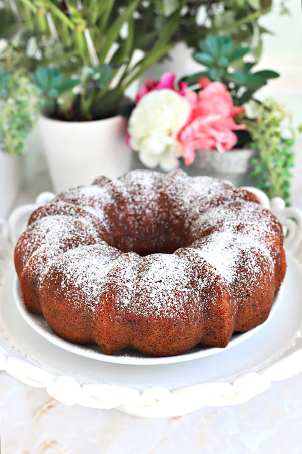 Easy hummingbird Bundt cake with banana, pineapple and cherries.