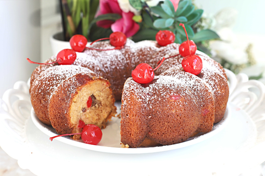 Easy hummingbird Bundt cake with banana, pineapple and cherries.