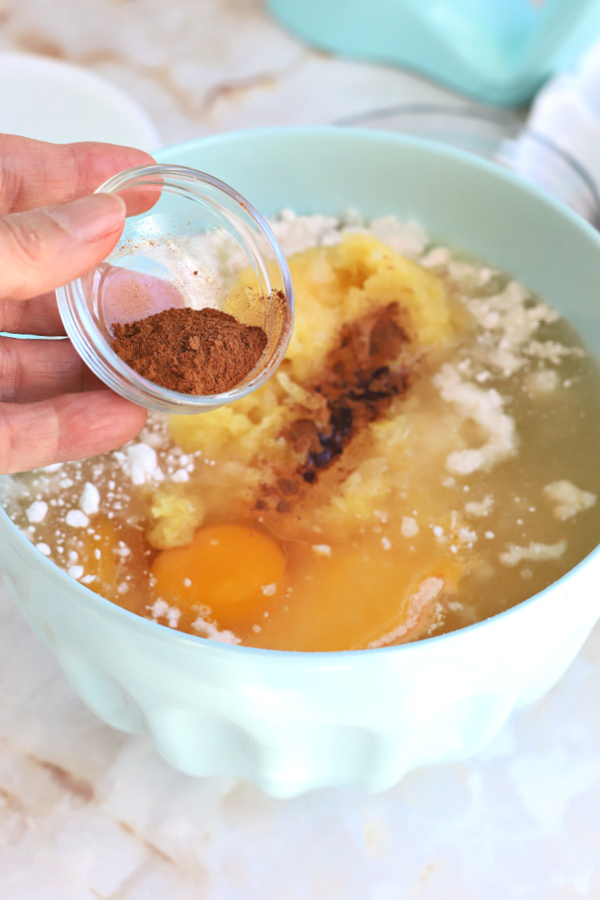 Adding cinnamon to hummingbird cake batter.