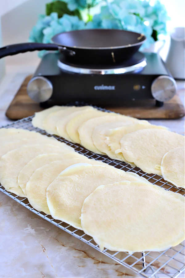 Homemade crepes for manicotti.