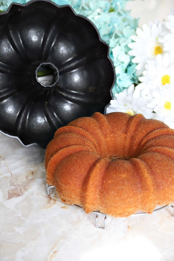 Bundt cake pops out when using 3-ingredient easy cake pan release in a Bundt pan when baking.