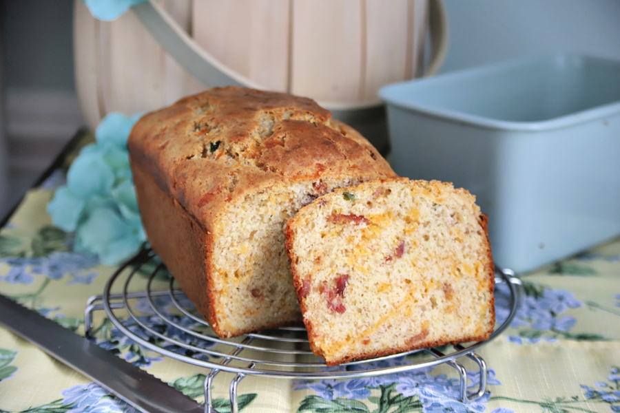 Cheesy cheddar and bacon quick bread with nutty and nutritious wheat germ is an easy recipe. Tasty side or sliced and toasted.