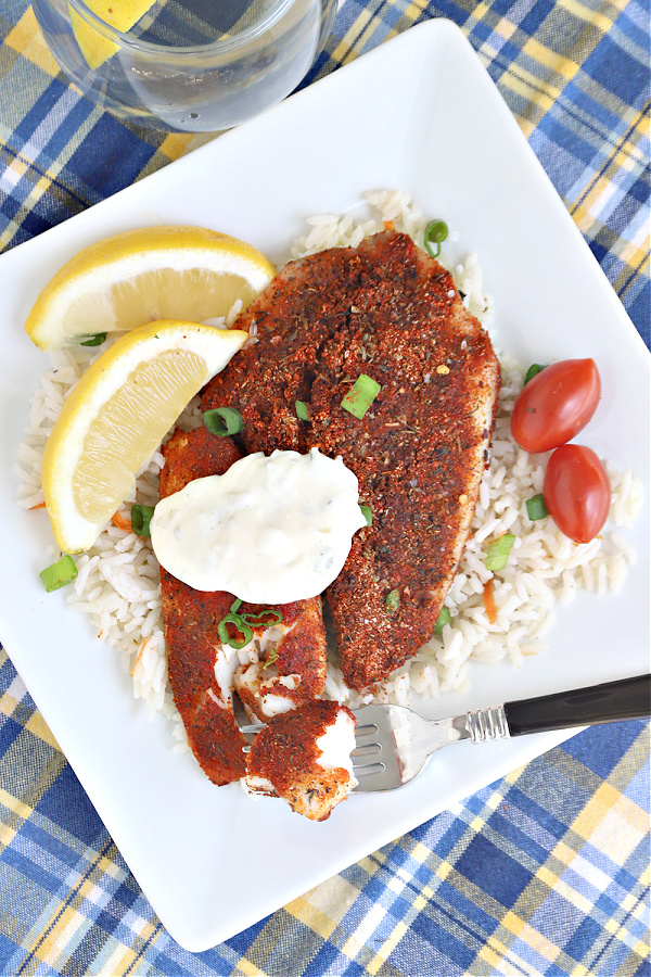 blackened tilapia with tartar sauce.