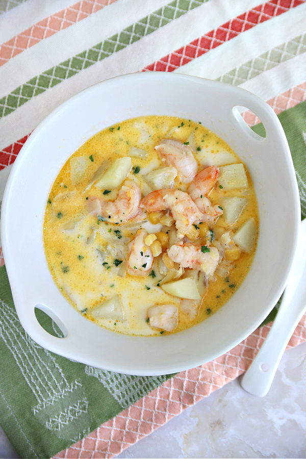 Easy recipe for shrimp and corn chowder with potatoes in a lovely broth. A great seafood soup. 