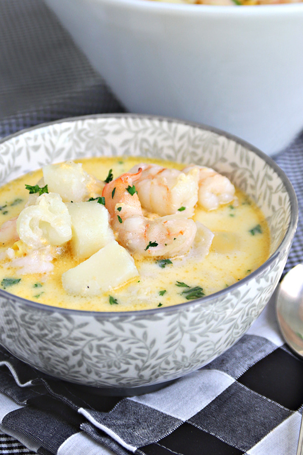 Easy recipe for shrimp and corn chowder with potatoes in a lovely broth. A great seafood soup. 