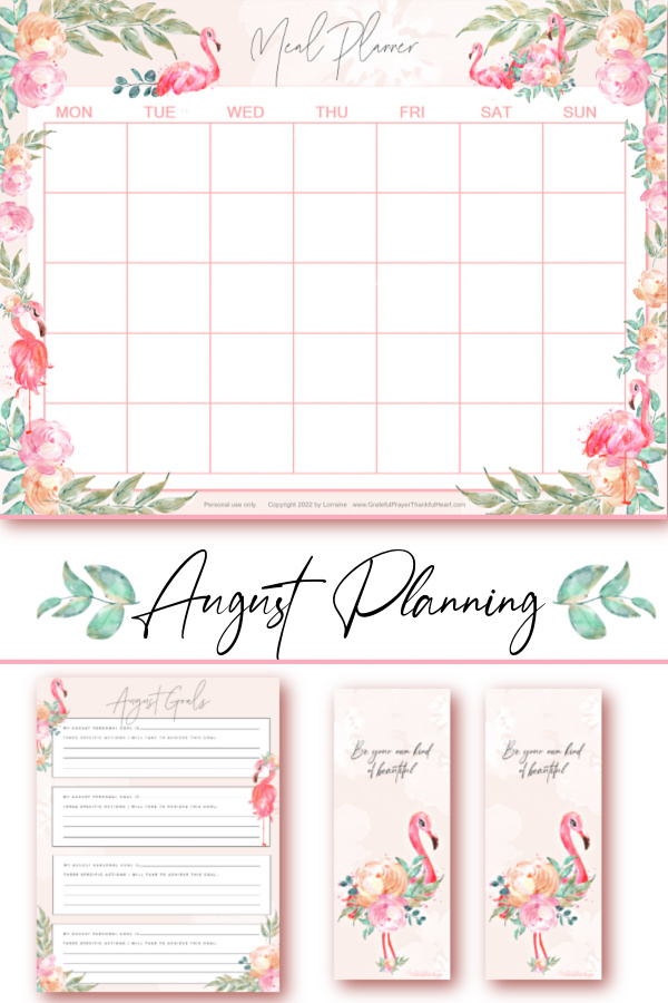 FREE Hello, August flamingo planner printables with calendar, Daily Reflections, Goals, Meal Planner, Bible Quiet Time page & bookmarks.