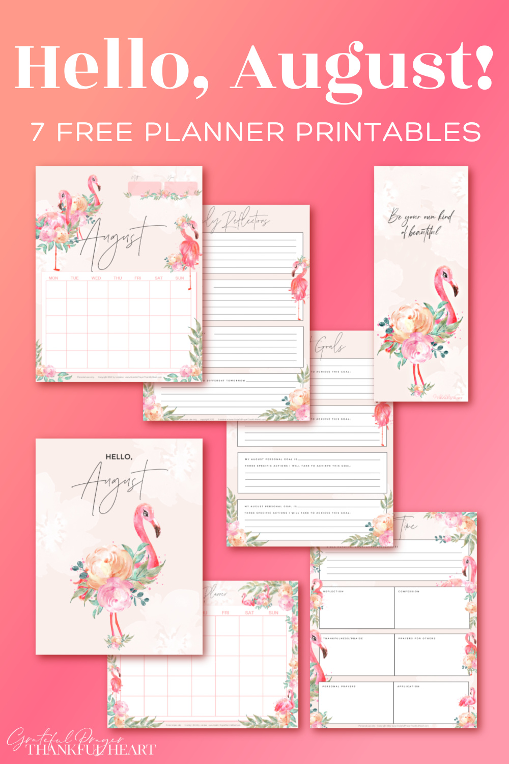 FREE Hello, August flamingo planner printables with calendar, Daily Reflections, Goals, Meal Planner, Bible Quiet Time page & bookmarks.