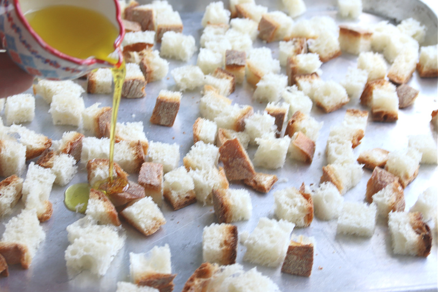 homemade croutons for Greek Panzanella salad