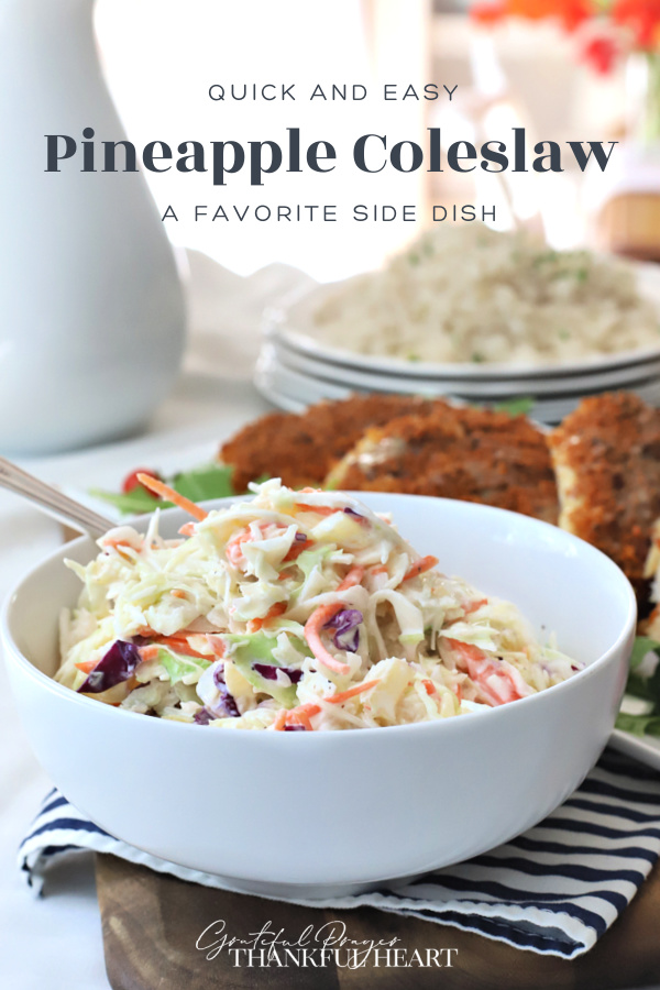 A super easy recipe for pineapple coleslaw with a Hawaiian flair. Great side dish with pulled pork, grilled burgers, chicken and hotdogs.