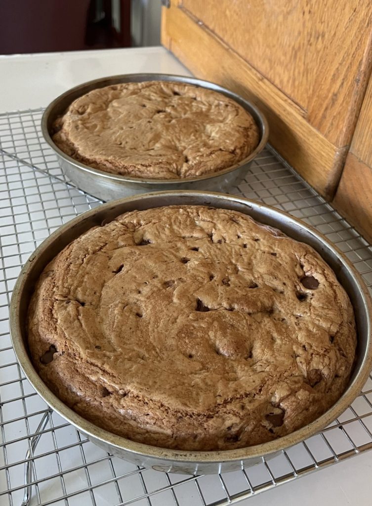 chocolate chip cookie cake with buttercream frosting